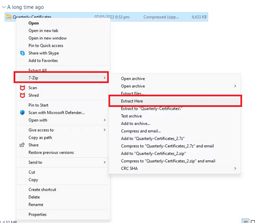 Extracto del menú contextual 7-Zip