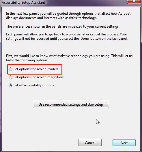 set options for screen readers on accessibility setup assistant
