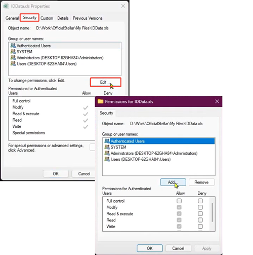 add file permissions in excel