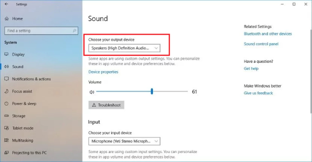 configurações do dispositivo de saída de som
