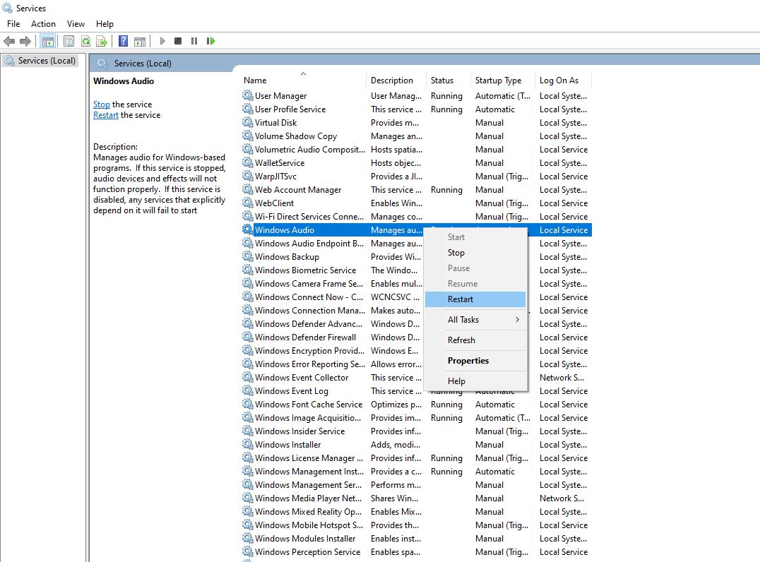 reiniciar o serviço de áudio do windows para corrigir a falta de som do windows media player