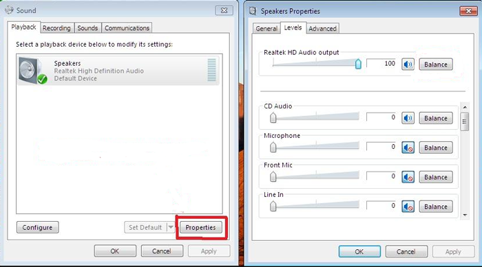 adjust speaker properties levels