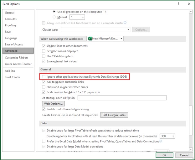 disable ingnore dde in excel to fix excel file won’t open