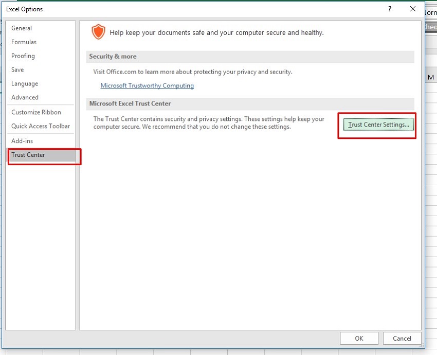 disable protected view to fix excel the file format and extension don't match-2