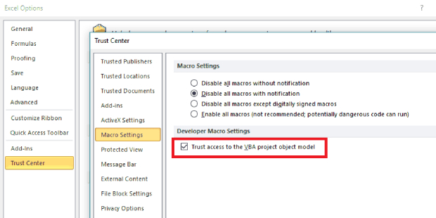enable trust access to the vba project object model to fix run time error 1004
