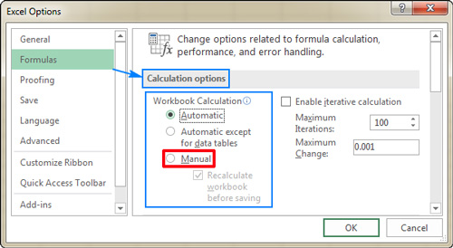 recover corrupted excel file by settings calculation options as manual