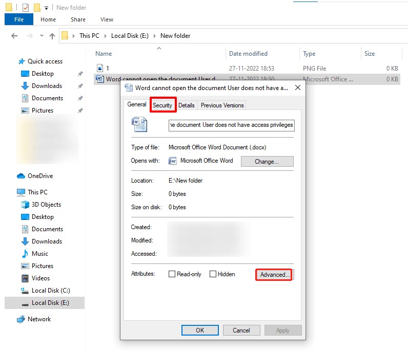cambiar los permisos de archivo de Word para corregir que el usuario no tiene privilegios de acceso-2