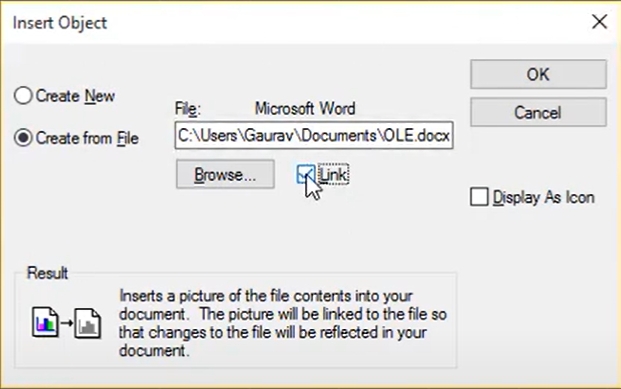 link file as ole object autocad