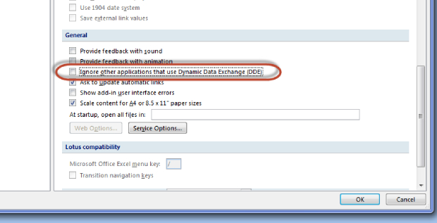 ignore a opção intercâmbio dinâmico de dados