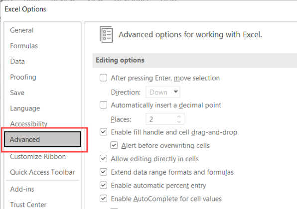 vá para a guia avançado nas opções do excel