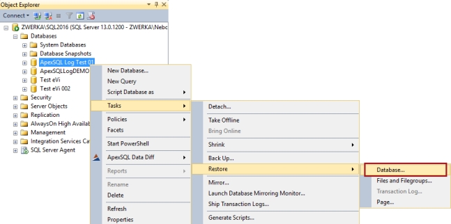 récupérer la base de données depuis la sauvegarde sql server