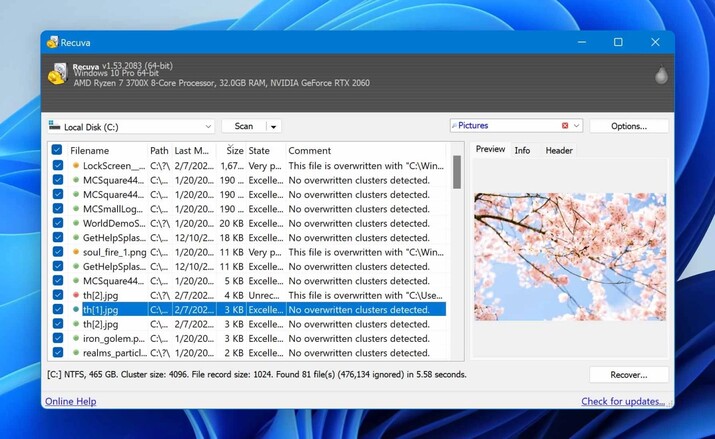 recover the data from recuva