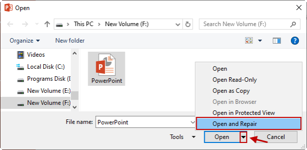 repair corrupted powerpoint file using open and repair 2