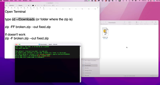 repair corrupted zip file using terminal- step 1