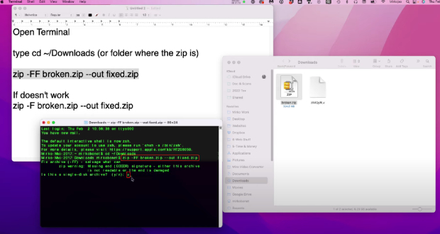 repair corrupted zip file using terminal- step 2