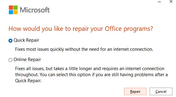 repair miscrosoft office to fix powerpoint can’t read error-2