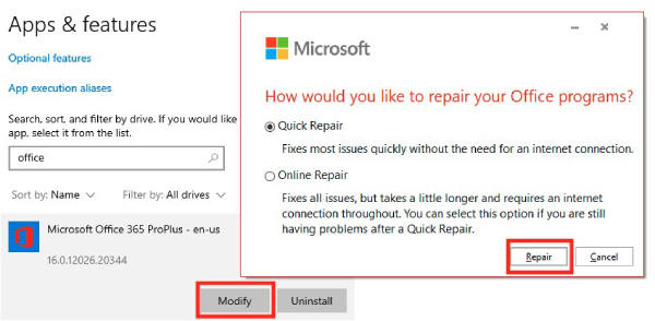 repair microsoft office installation to fix excel not opening file