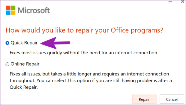 comece a reparar o office