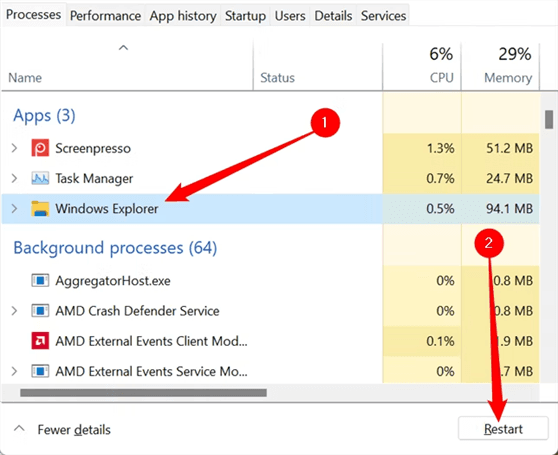 reinicio del explorador de Windows del administrador de tareas