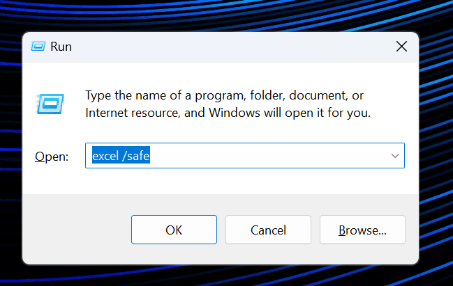 ejecutar excel en modo seguro para detener la congelación de la hoja de cálculo de Excel