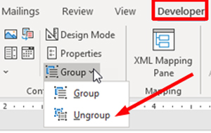 ungroup content control to unlock word selection