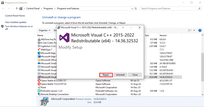 réparer Microsoft Visual C++