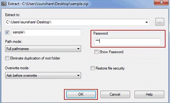 7zip entrer le mot de passe
