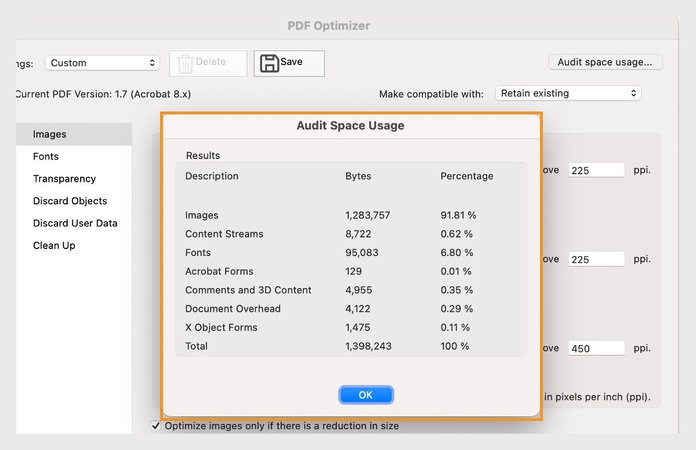 acrobat audit space usage option