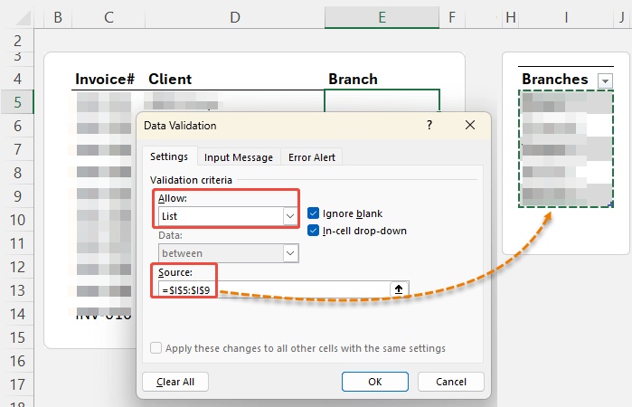 add excel dropdown list from cell range