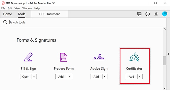 adobe acrobat certificate option