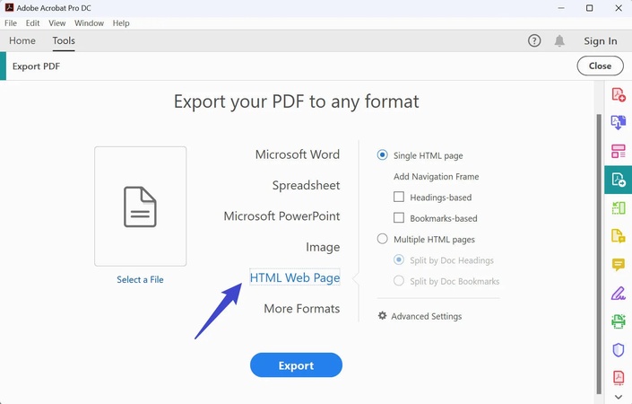 adobe acrobat convert pdf to html webpage