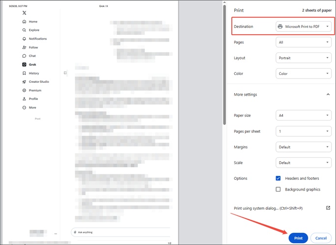 browser print grok chat to pdf