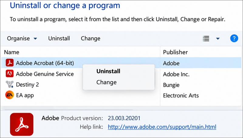 change adobe acrobat installation