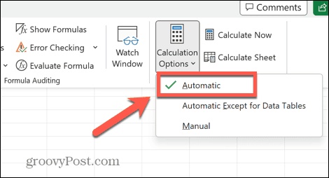 change calculation options to fix excel formula not calculating