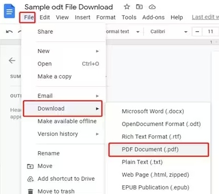 change odt to pdf in google docs