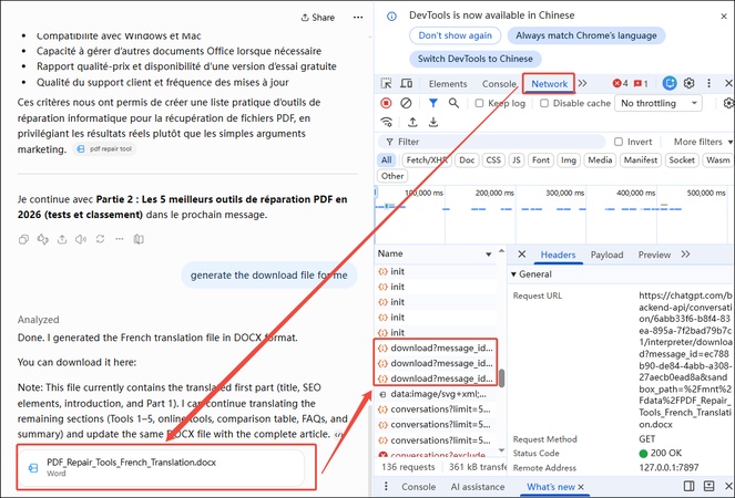 chrome devtools chatgpt file download link