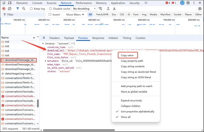 chrome devtools copy chatgpt file download url