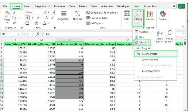 clear excess formatting