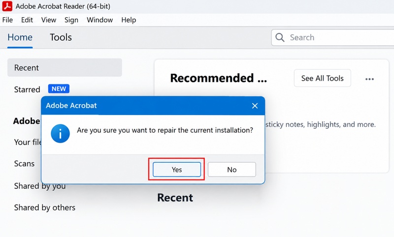 confirm to repair adobe acrobat installation