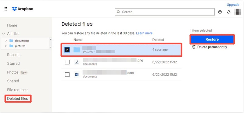 restore delete files not showing zero bytes from dropbox