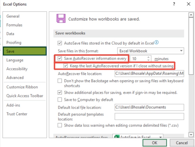 enable autorecover in excel