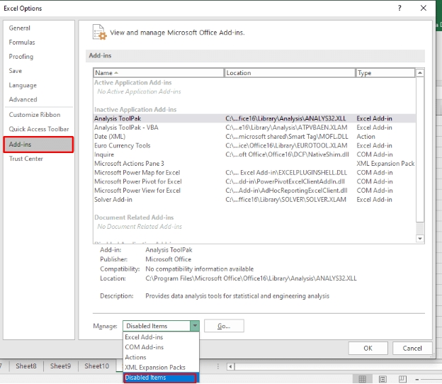 enable macro addins in disabled items
