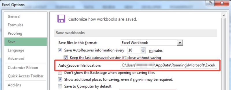 excel autorecover file location