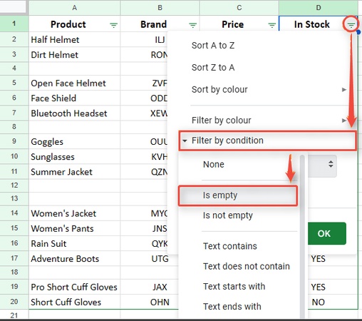 filter excel row by empty condition
