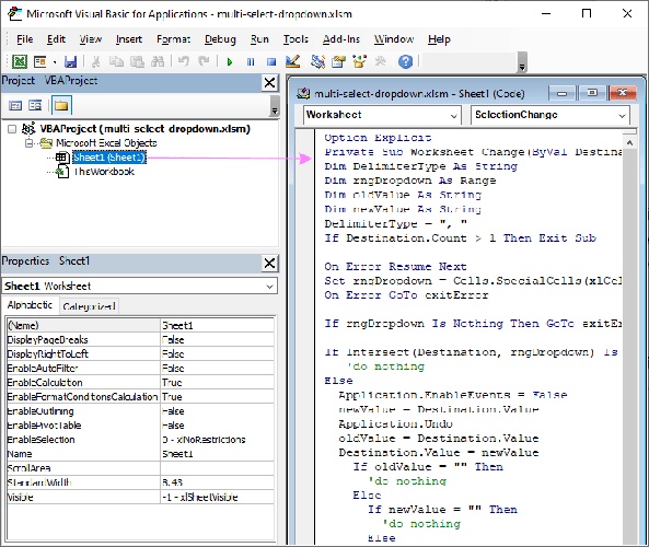 excel multi select dropdown vba code