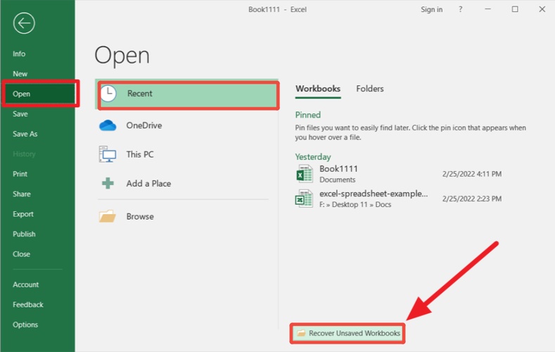 excel recover unsaved workbooks feature
