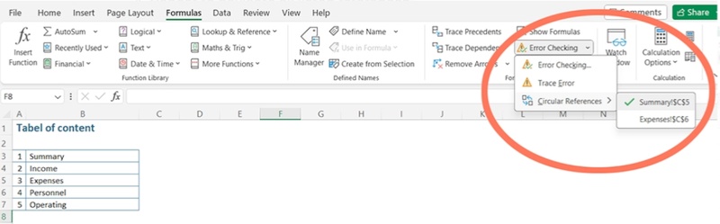 find excel circular references using error checking tool