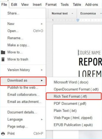 google docs save rtf files