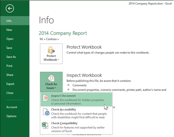 inspect document and clean excel issues