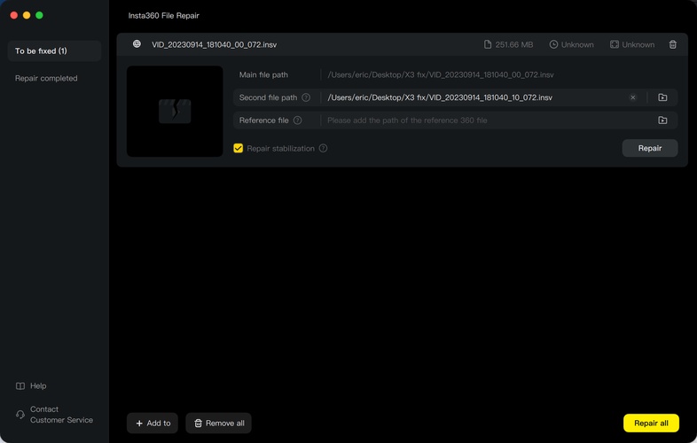 insta360 file repair start insv file repair